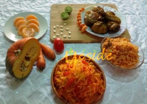 Carrot, Pumpkin Tomato Salad with Jollof rice and chicken with Tangerine