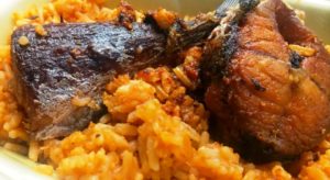 Deep-fried Atlantic Mackerel on Jollof Rice